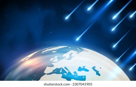 Meteor hurling toward a planet earth. Meteorite glows, enters the earth's atmosphere. Falling comets, asteroids or meteors with flame trail. Falling stars blue. Magic, imagination and fantasy. Vector.