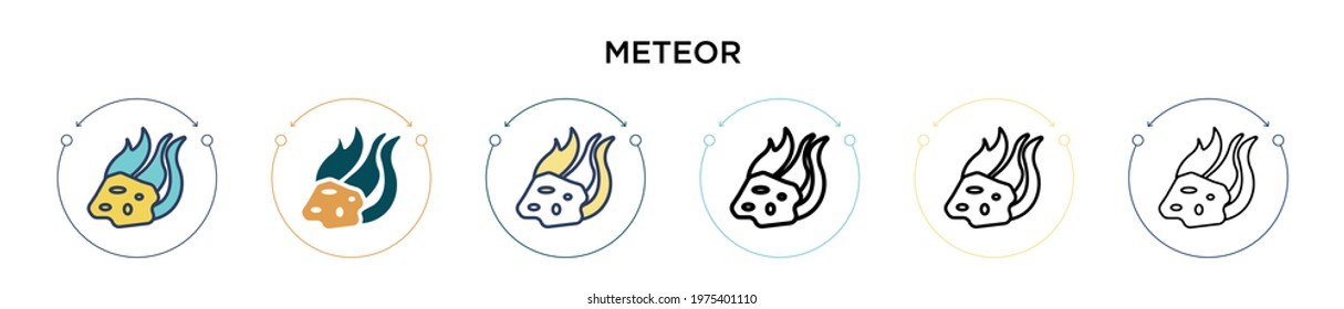 Meteor icon in filled, thin line, outline and stroke style. Vector illustration of two colored and black meteor vector icons designs can be used for mobile, ui, web