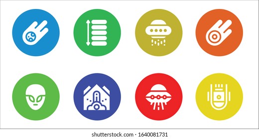 meteor icon set. 8 filled meteor icons.  Simple modern icons such as: Meteorite, Alien, Spacing, Falling debris, Ufo, Asteroid, Space capsule