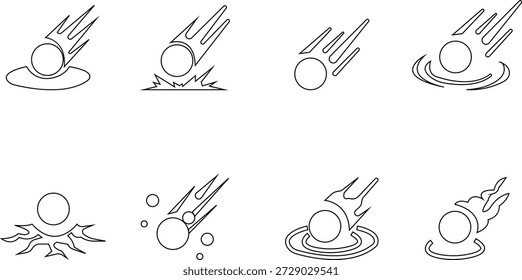 Conjunto de iconos de impacto de meteoros, que muestra una colisión de asteroides con el suelo o la superficie. Ideal para ciencia, astronomía, temas espaciales, trayectoria de asteroides, imágenes de desastres, educación, App e infografías.