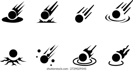 Conjunto de iconos de impacto de meteoros, que muestra una colisión de asteroides con el suelo o la superficie. Ideal para ciencia, astronomía, temas espaciales, trayectoria de asteroides, imágenes de desastres, educación, App e infografías.