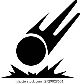 Icono de impacto de meteorito, que muestra una colisión de asteroide con el suelo o la superficie. Ideal para ciencia, astronomía, temas espaciales, trayectoria de asteroides, imágenes de desastres, educación, App e infografías.