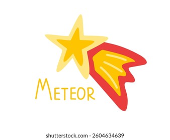 Meteor with inscription. Asteroid, shooting star, Space rock flying from outer space, burned up in atmosphere. Cartoon Vector illustration in funny doodle children's style. Card, flayer, banner design