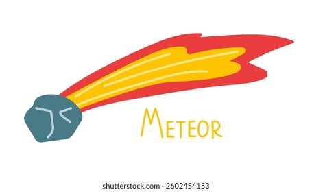 Meteor with inscription. Meteor. Space rock flying from outer space, burned up in atmosphere. Space. Cartoon Vector cosmos illustration in funny doodle children's style. Card, flayer, banner design.