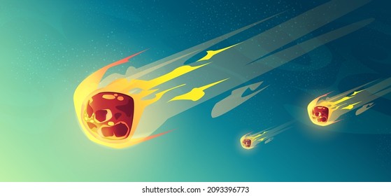 Meteor rain, asteroids or meteorites flying in night starry sky. End Jurassic era, comets with fire trail falling on Earth or alien planet, astronomical or fantasy scene, Cartoon Vector illustration
