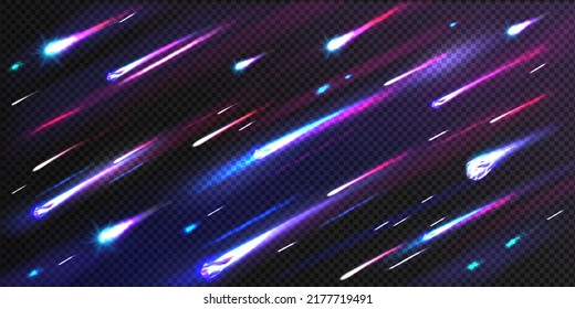 Meteor rain in cosmos, with star dust effect, comets shooting in galaxy or deep space. Fireballs falling with glowing trails. Meteorites on transparent background, Realistic 3d vector illustration