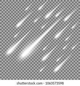 Meteor rain with falling glowing comets on transparent background, light effect, neon lights, white color