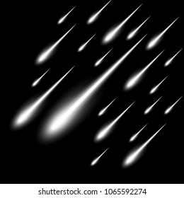 Meteor rain with falling glowing comets on black background, light effect, neon lights, white color