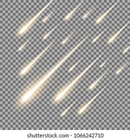 Meteor rain with falling glowing comets on transparent background, light effect, neon lights, golden color