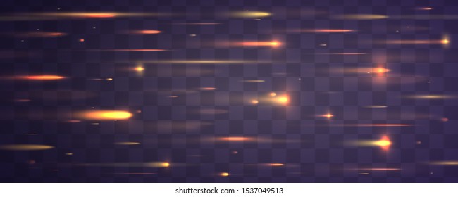 Meteor rain with falling glowing comets on transparent background. Fall star in space, fantasy science in cosmos, asteroid color in galaxy.