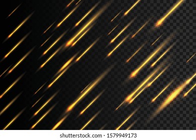 Meteor rain with falling glowing comets on transparent background. Fall star in space, fantasy science in cosmos, asteroid color in galaxy.