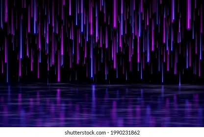 Meteor rain with falling glowing comets with specular blurred reflection from below. Black background, light effect, falling glowing neon lights.