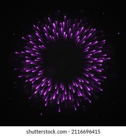 Meteor rain with falling glowing comets on black background. Broken circle. Shiny, chic circle. Abstract purple light rays.