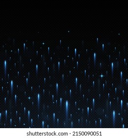 Meteor rain with falling glowing comets on black background. Light rays background. Magical energy or cosmic motive. Realistic blue comets falling.