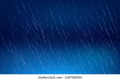 Meteor rain with falling glowing comets with specular blurred reflection from below. Black background, light effect, falling glowing neon lights.
