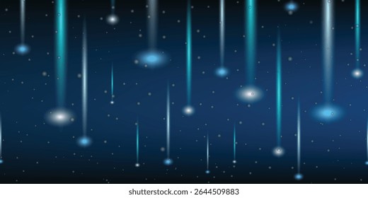 Chuva de meteoros com cometas brilhantes. Fundo digital de luz abstrata. Luz neon Partículas, raios luminosos em movimento, tecnologia, rede. luzes neon brilhantes caindo. Estrelas em queda. Vetor EPS10