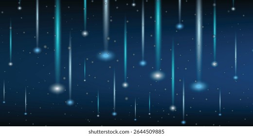 Chuva de meteoros com cometas brilhantes. Fundo digital de luz abstrata. Luz neon Partículas, raios luminosos em movimento, tecnologia, rede. luzes neon brilhantes caindo. Estrelas em queda. Vetor EPS10