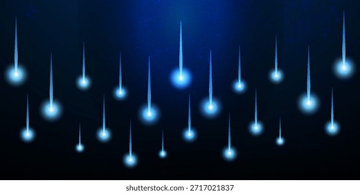 Meteorischer Regen mit fallenden leuchtenden Kometen. Abstrakter heller digitaler Hintergrund. Neonlichtpartikel, Lichtstrahlen in Bewegung, Technologie, Netzwerk. Neonlichter mit fallendem Glanz. Fallende Sterne. Vektor-EPS10