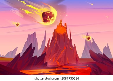 Meteor rain falling on Earth with erupting volcano, rocks and lava around. Cartoon prehistoric landscape with asteroids fall, volcanic background under pink sky planet evolution, Vector illustration