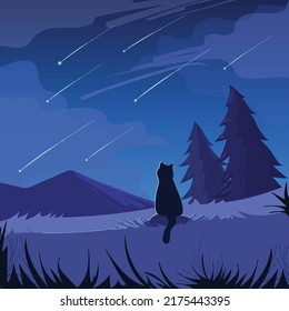 Meteor Rain. Meteorite Shower And Cute Cat. Vector Illustration