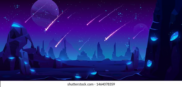 Meteor rain at night, neon space background with falling stars in dark sky of alien planet with craters full of glowing blue liquid, fantasy extraterrestrial landscape, Cartoon vector illustration