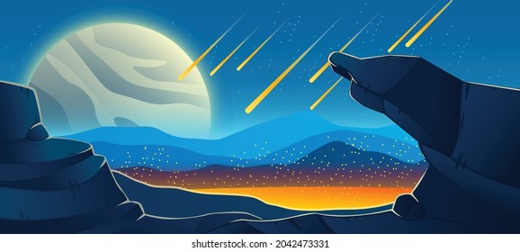 Meteor rain at night, neon space background with falling stars in dark sky of alien planet with craters full of glowing blue liquid, fantasy extraterrestrial landscape, Cartoon vector illustration