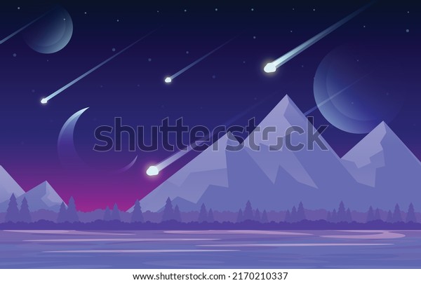 Meteor rain at night, neon space background
with falling stars in dark sky of alien planet with craters full of
glowing blue liquid, fantasy extraterrestrial landscape, Cartoon
vector illustration
