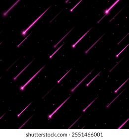 Meteor rain seamless pattern, shooting stars background. Bright, streaking lights falling from the sky.
