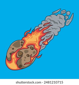 Meteor rock with blazing fire and smoke vector illustration isolated on square blue background