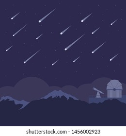 Meteor shower above silhouette of mountain with astronomical observatory and night sky background