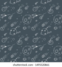 Meteor shower, asteroids and planets. Cartoon and doodle style. Seamless pattern