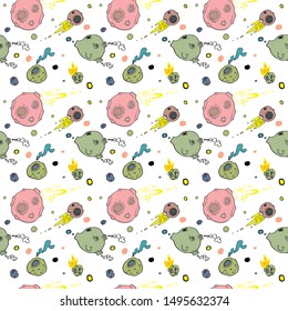 Meteor shower, asteroids and planets. Cartoon and doodle style. Seamless pattern