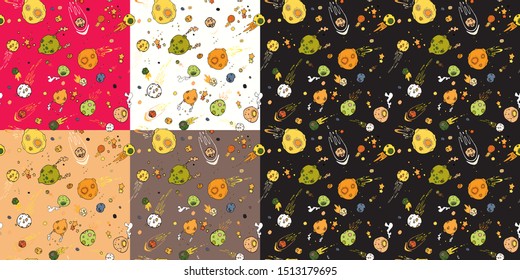 Meteor shower, asteroids and planets. Cartoon and doodle style.