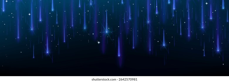 Meteor shower background with blue shooting stars falling through night sky - cosmic light trails and glowing particles for space wallpaper, celestial event design and astronomy themed digital art.