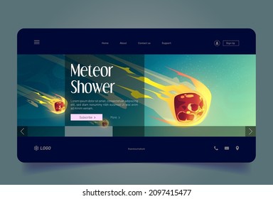 Meteor shower banner with falling fireballs on background of starry sky. Vector landing page of asteroid rain with cartoon illustration of flying meteorites with fire