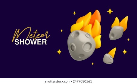 Meteor shower banner template in vector 3d style. Cartoon meteorite rain falling in the night sky with stars. Children educational illustration, asteroid in space