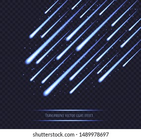 Meteor shower, blue shooting stars, ice comets, asteroids in the night sky isolated on transparent background. Celestial event vector light effect.