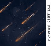 Meteor shower. Fall of space bodies asteroids, meteorites, comets. Vector