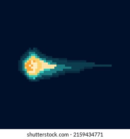 Meteor shower falling comet or star in fire pixel art element, abstract space falling bright star. Vector light and flying stone neon glowing rays. Shooting star in outer space, universe asteroid
