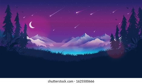 Meteor shower. Falling stars in the night sky. Meteorites, comets, moon, space, mountains and forest. Beautiful astrological phenomenon.  Astronomy, astrology background concept. Vector illustration.