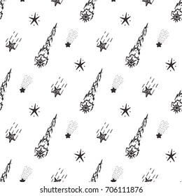 Meteor Shower. Falling stars. Starry sky background. Hand Drawn doodle Stars Seamless Pattern.   Meteorites and Comets Vector illustration. Shooting stars