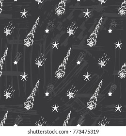 Meteor Shower. Falling stars. Starry sky background. Hand Drawn doodle Stars Seamless Pattern. Meteorites and Comets Vector illustration. Shooting stars