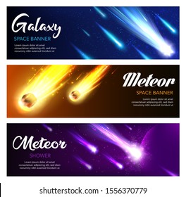 Meteor shower and galaxy vector banners of falling comets and asteroids, space design. Night sky with shooting stars, planet and fireballs of meteorite with blue and yellow glowing trails and tails