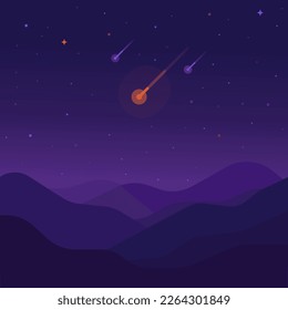 Meteor shower minimalist beautiful landscape. View of the mountains and the sky. Minimalist Llndscape flat vector illustration. Starry sky, purple sky, minimalism. Starry sky wallpaper
