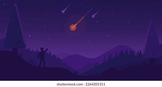 Meteor shower in night sky panorama landscape. View of the mountains and the sky. Landscape flat vector illustration. Starry sky wallpaper