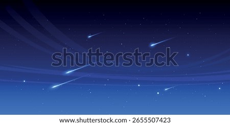 Meteor shower in the night sky. Several bright meteors flying across the dark blue sky, leaving light trails behind them.