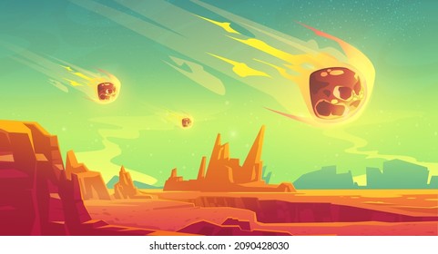 Meteor shower on alien planet with red desert and rocks. Vector cartoon illustration of Mars surface landscape and falling fireballs, flying meteorites with fire from cosmos