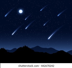 Meteor shower on the night sky