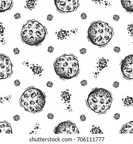 Meteor Shower. Outer Space Seamless pattern. Hand Drawn Doodle Meteorites, Asteroids. Cosmos Background. Galaxy. Vector Universe