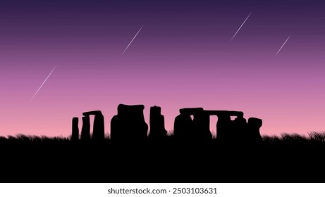 meteor shower rains,stonehenge landscape, flat color illustration